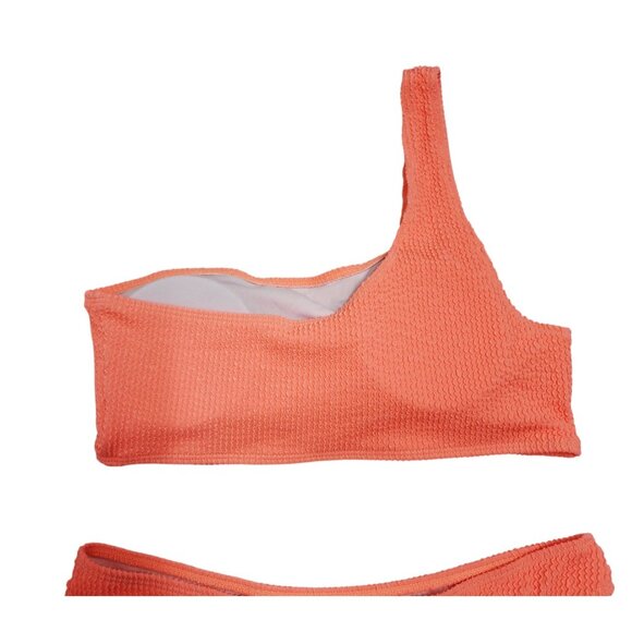 Womens Coral One-Shoulder Textured Swimsuit Bikini Set  Size L - Picture 3 of 7
